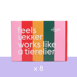  Colorful deodorant gift set, eight multicolored bottles, pink red orange green packaging, feels lekker works tierelier text.