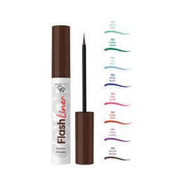  "Colored liquid eyeliner pen, multiple vibrant colors including pink, turquoise, purple, brown. Long-lasting eye makeup liner."