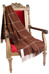  Alpaca wool brown checkered plaid throw with fringed edges, suitable for cozy home decor.