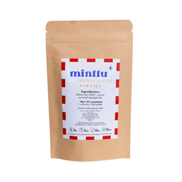  Orange xylitol candies, white round toffees, kraft paper pouch, red blue postal design label.