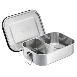 Large stainless steel lunch box with partition, plastic-free, 1400ml capacity. Features include airtight seal, carrying handle, and removable divider.