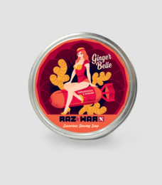 Organic shaving soap with ginger scent, packaged in a tin with a retro-style pin-up girl illustration.