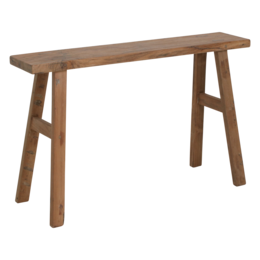 Wooden bench with a rustic, natural finish. Features a simple, A-frame design with a rectangular top and tapered legs. Suitable for use as a hallway or entryway bench.