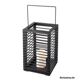  Black metal lantern with LED candle. Rectangular shape with horizontal slats. Suitable for indoor or outdoor use.