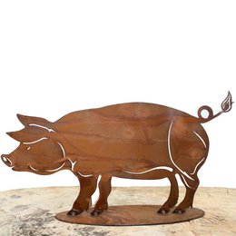 Decorative metal pig sculpture in patina finish, available in two sizes - 32 x 17 cm and 100 x 55 cm, suitable for garden or outdoor decor.