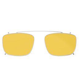 Rectangular yellow-tinted clip-on glasses for blocking blue light. Made of lightweight metal frame with adjustable nose pads for a comfortable fit.