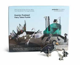  3D puzzle featuring characters from the fairytale "The Ugly Duckling", including a green and gray puzzle piece shaped like a duck.