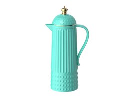  Turquoise blue thermos bottle with a crown-shaped lid, featuring a textured, ribbed design for a stylish and functional storage solution.