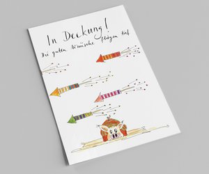 New Year's card | Take cover! The good wishes fly low | Lucky pig & New Year's rockets