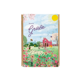  Colorful gift box containing 4 seed bombs in a variety of colors. Includes a rural landscape illustration with a red barn, flowers, and the word "Grüße" (Greetings) written in cursive.