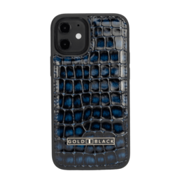 Leather smartphone case in a blue crocodile print pattern. The case has a sleek, minimalist design and is suitable for the iPhone 12 mini.