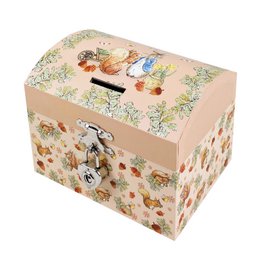 A whimsical musical money box featuring the beloved Peter Rabbit character. The box is decorated with a floral pattern and includes a wind-up mechanism that plays a soothing melody when opened.