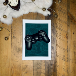Black video game controller on a dark green background.
