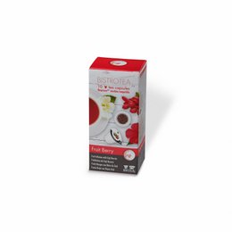 Organic red berry infusion capsules compatible with Nespresso® machines. Includes natural fruit flavors and aromas.