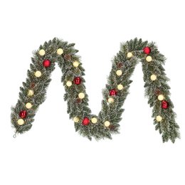  Green garland with LED lights and timer function, 270 cm long and 25 cm in diameter, featuring pine branches, pine cones, and red ornaments.