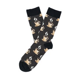 Black socks with a repeating pattern of coffee cups in various shades of brown and tan.