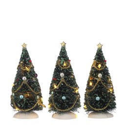 Miniature green plastic Christmas village with decorative lights and ornaments. Suitable for holiday decor and display.