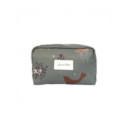 Colorful patterned toiletry bag for kids, featuring a playful shell design in various shades of pink, green, and white.