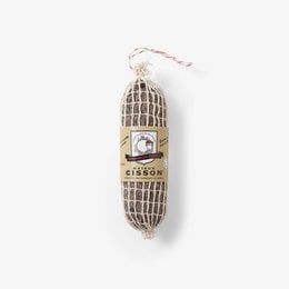 A round, cylindrical sausage product with a woven casing and a label indicating it is a Perigord walnut sausage.