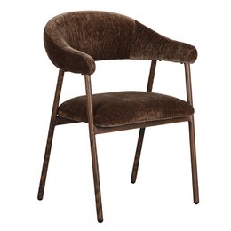  A pair of Scandi-style dining chairs with a rounded, curved backrest and a dark brown upholstered seat and backrest. The chairs have a simple, minimalist metal frame in a matching dark finish.