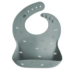 Silicone bib with origami-inspired design in a soft gray color, featuring a textured surface with raised dots and stars for a unique and stylish look.