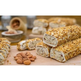  Almond-coated gummy rolls with a soft, chewy texture and a nutty flavor. The rolls are made with high-quality ingredients and are a delightful snack or dessert.