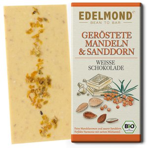 Geroosterde amandelen en duindoorn, witte chocolade, bio+fair