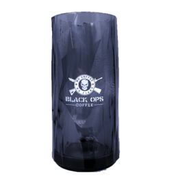 A tall, cylindrical glass with a black and white logo design, suitable for long drinks.