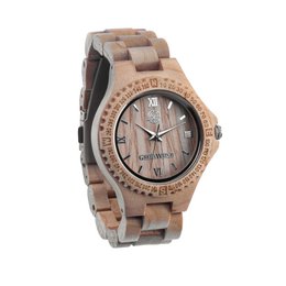 Wooden watch with beige and brown tones, featuring a round face with Roman numeral hour markers and a date display.