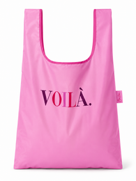 Pink reusable shopping bag with "VOILÀ" text, foldable tote design, lightweight fabric