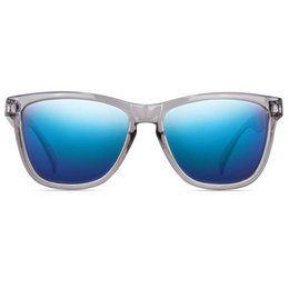 Stylish grey-framed sunglasses with blue mirrored lenses. Suitable for casual and formal wear.