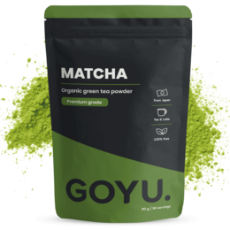 Premium organic matcha tea powder in 90g package. Vibrant green color, smooth texture, and rich flavor for a calming tea experience.
