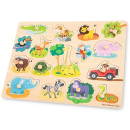 A colorful wooden puzzle featuring various safari animals and vehicles. The puzzle pieces include a red car, elephants, zebras, birds, and other wildlife in a natural setting.