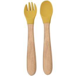  A set of wooden cutlery with a yellow fork and spoon, designed for children. The cutlery has a simple, natural design with a wooden handle and a colored head.