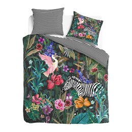 Vibrant tropical jungle-themed duvet cover set with a colorful floral and animal print design, including a zebra, butterflies, and lush foliage. Available in multiple sizes.