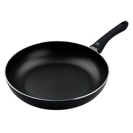 28 cm pressed aluminum frying pan from the Elo Smart Life collection. Black in color with a round, flat shape.