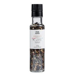  Steak pepper mill with a blend of black, white, and pink peppercorns. Sleek glass design with adjustable grinder. Ideal for seasoning meats, vegetables, and more.