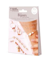 Jewelry making kit with assorted beads, shells, and accessories in warm tones of orange, tan, and gold.