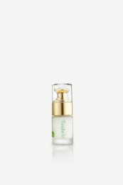 Botanical eye contour cream, gold pump dispenser, light green formula, natural skincare, 15ml bottle