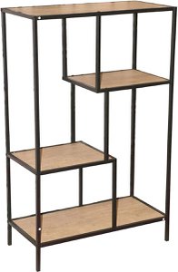 Library cabinet with 4 wooden planks - Bookcase - Space -saving cupboard - Decorative open cabinet - Metal cabinet Frame - Brown