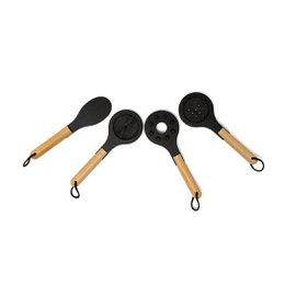  Narrow black plastic spatulas with wooden handles, suitable for play kitchen use.