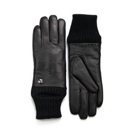 Black leather gloves with knit cuffs, available in sizes 6.5 to 8.5.