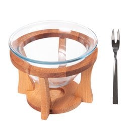 Wooden fondue set with glass bowl, includes forks for dipping.