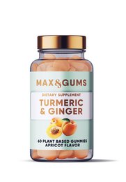 Turmeric and ginger supplement capsules in a glass bottle with gold lid. Supplement contains plant-based ingredients for health benefits.