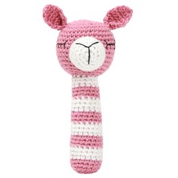 A pink and white striped rattle stick in the shape of a llama. The rattle stick has large ears and a simple face design.