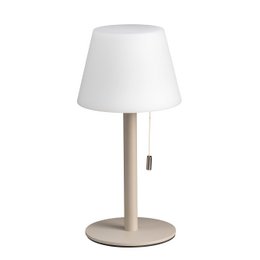  Taupe table lamp with white conical shade, wooden stem, round base, modern minimalist design