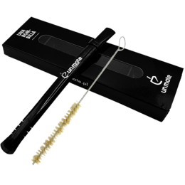 Black stainless steel yerba mate tea straw with cleaning brush.
