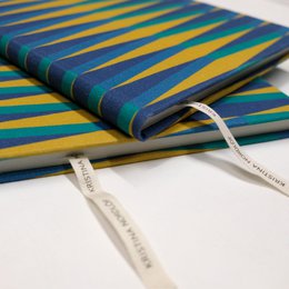  Handbound sketchbook with blue and saffron yellow striped pattern, fabric cover, cream ribbon bookmark, journal