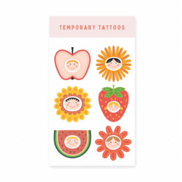 Colorful temporary tattoos featuring spring flower faces, including an apple, sun, and various floral designs.