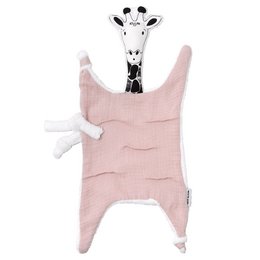 Soft, plush giraffe swaddle comforter in a light pink color. Features a giraffe head and limbs protruding from the soft fabric.